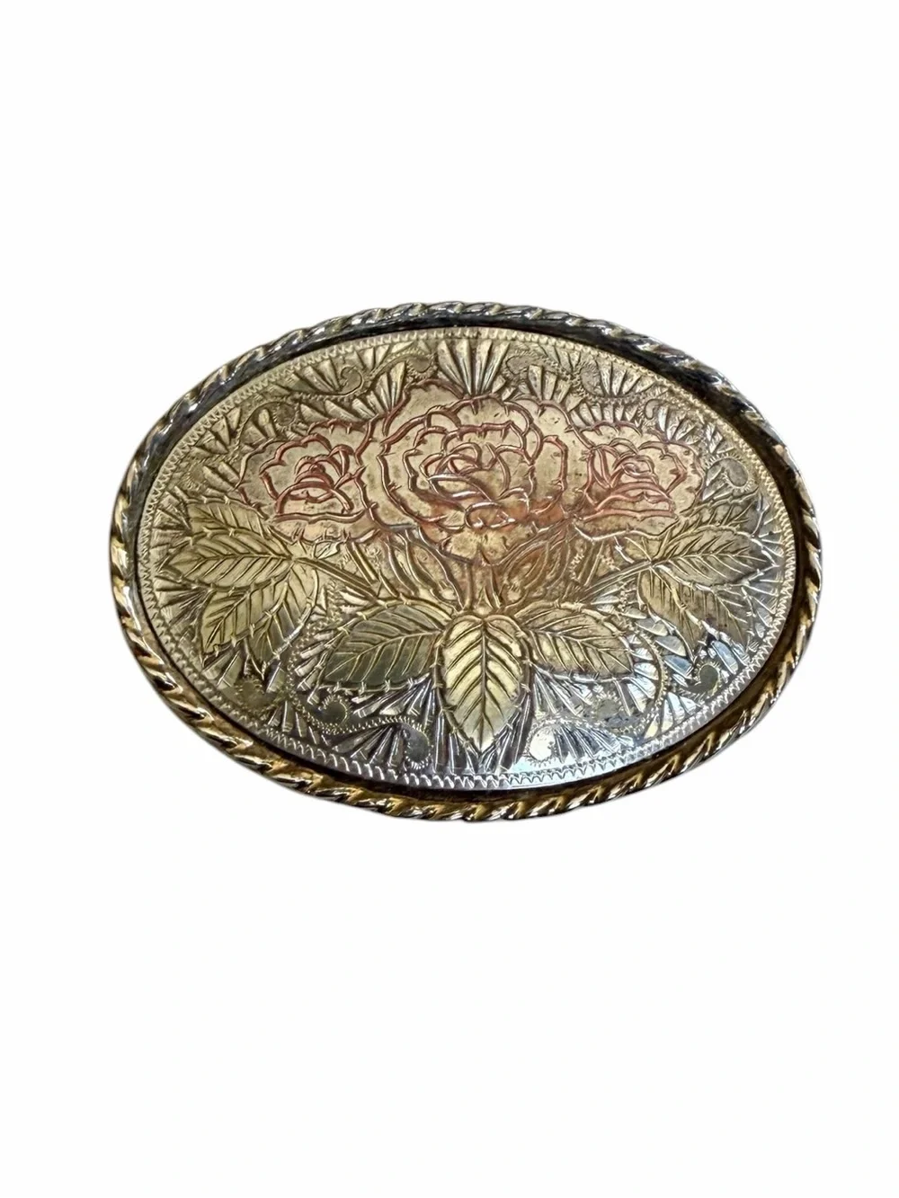 Vintage Silver-tone Small Oval Etched Rose Western Belt Buckle Dainty Feminine